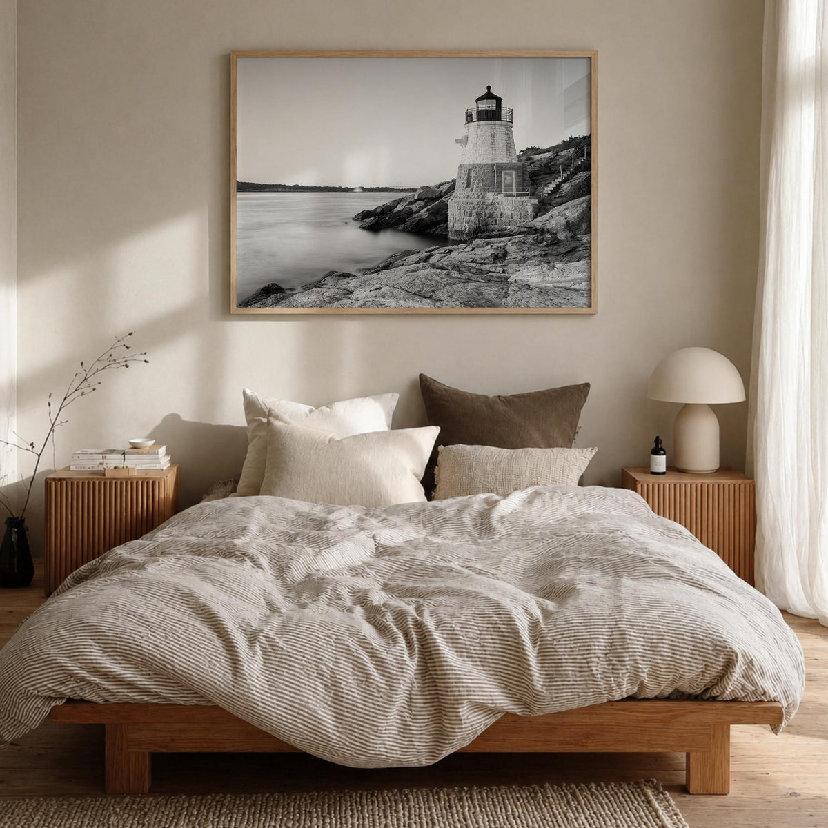Rhode Island black & white photo poster of United States – horizontal wall art in natural wood frame, hanging on wall