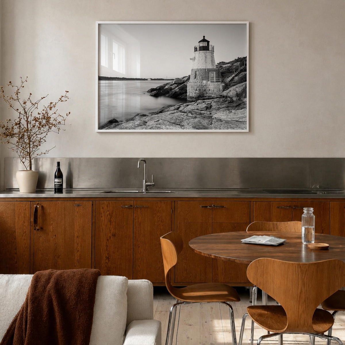 Rhode Island black & white photo poster of United States – horizontal wall art in white wood frame, hanging on wall