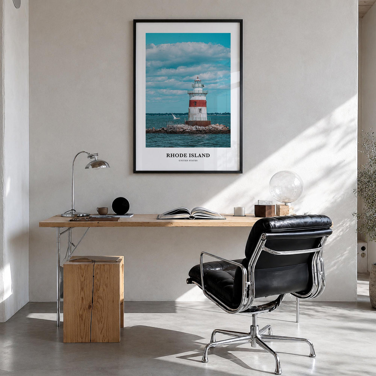 Rhode Island colorful classic poster of United States – vertical wall art in black wood frame, hanging on wall