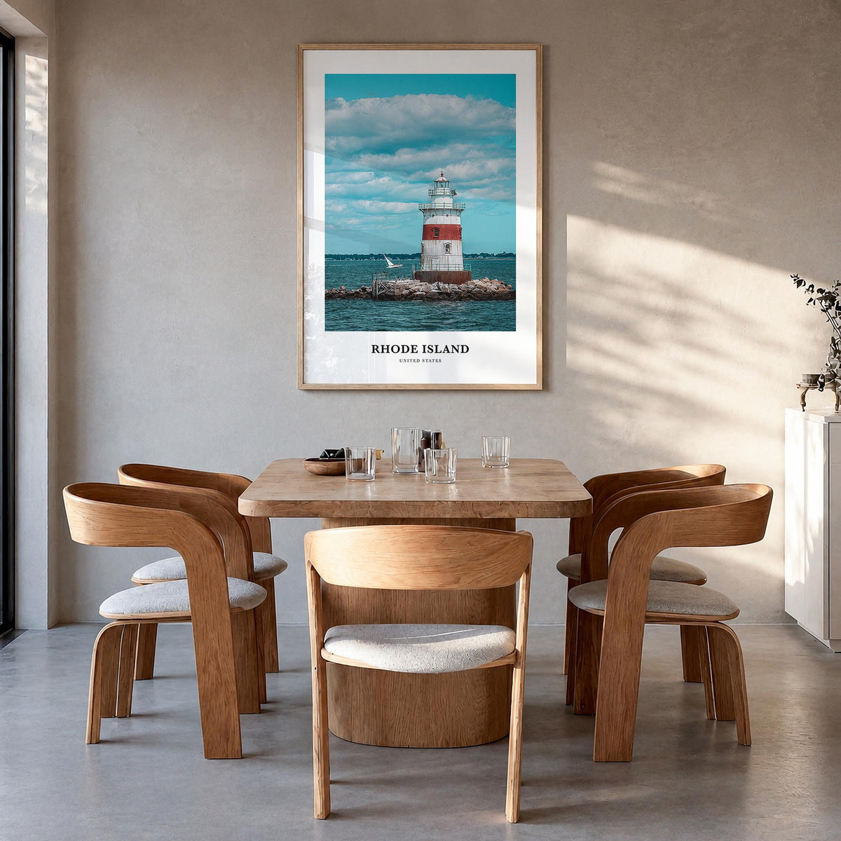 Rhode Island colorful classic poster of United States – vertical wall art in natural wood frame, hanging on wall