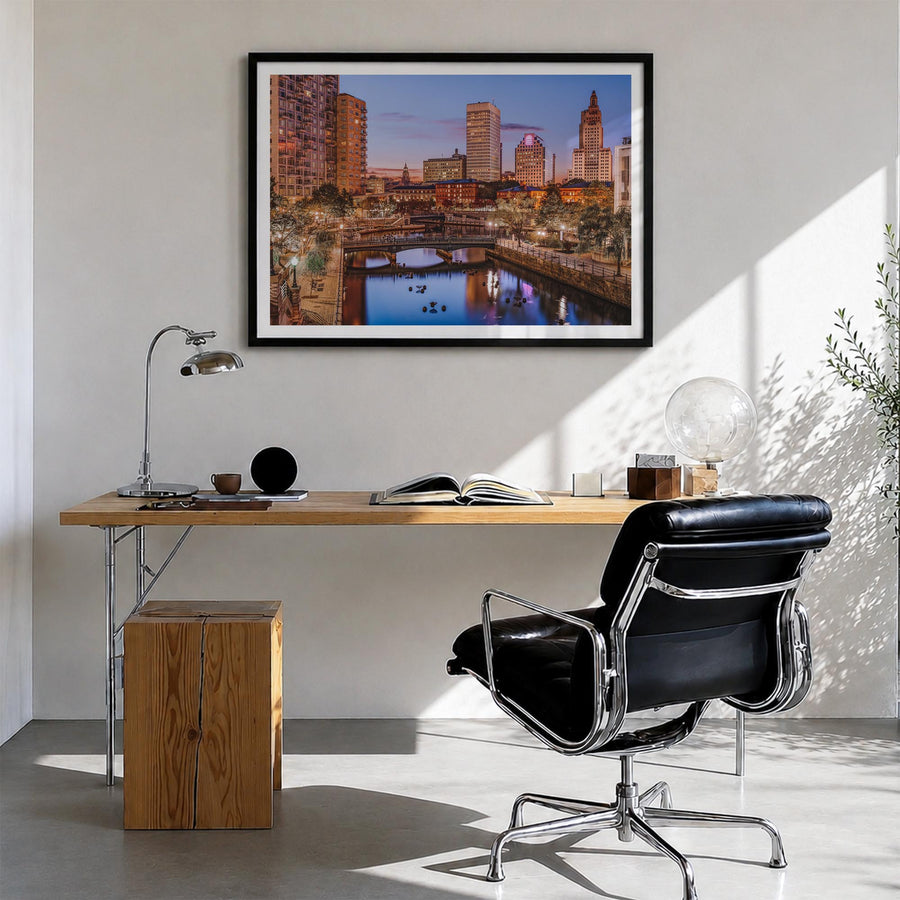 Rhode Island colorful photo poster of United States – horizontal wall art in black wood frame with white border, hanging on w