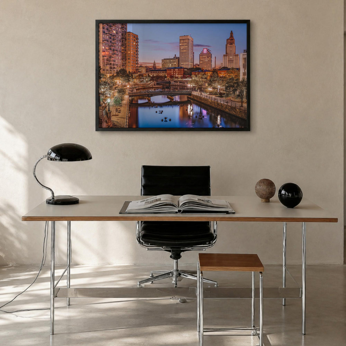 Rhode Island colorful photo poster of United States – horizontal wall art in black wood frame, hanging on wall