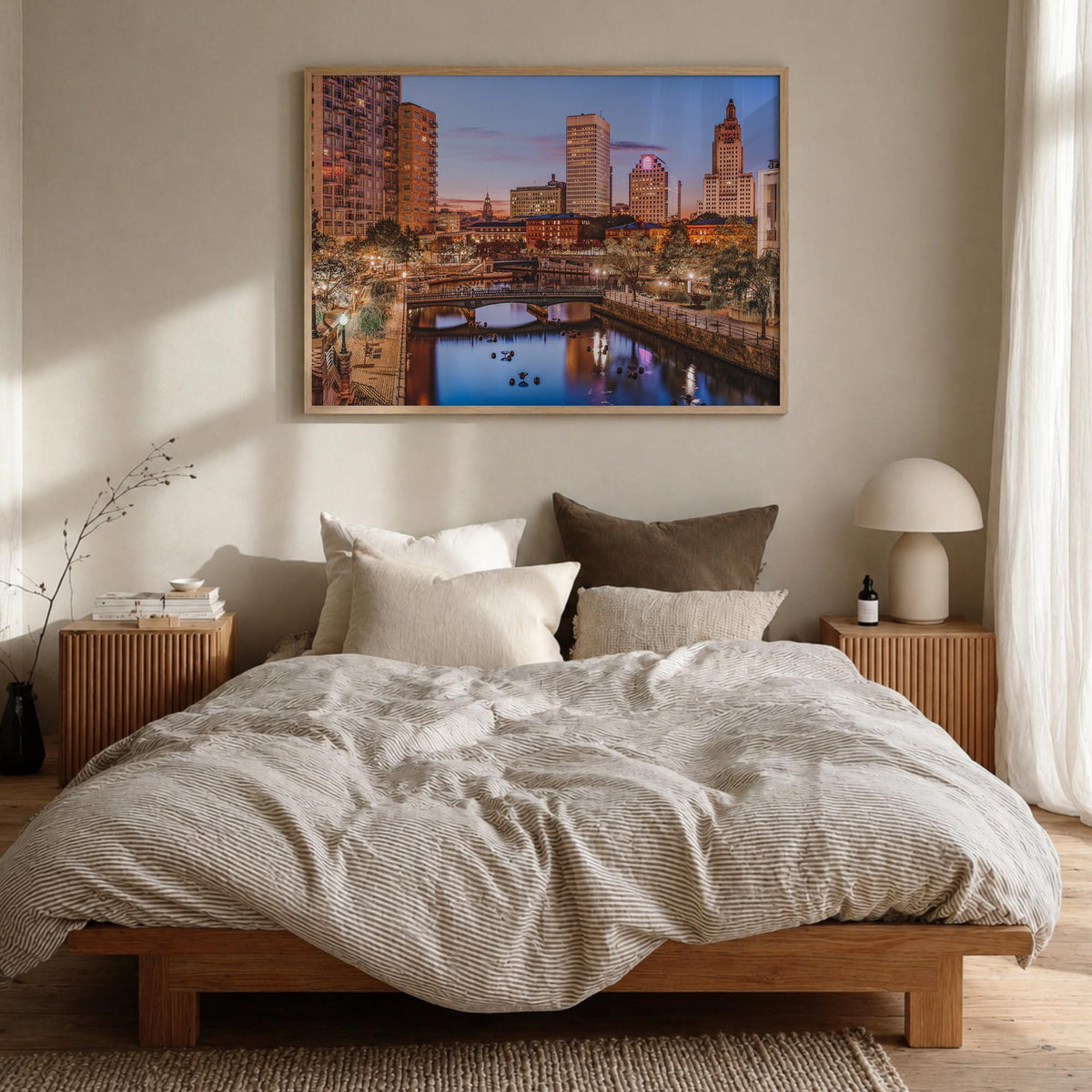 Rhode Island colorful photo poster of United States – horizontal wall art in natural wood frame, hanging on wall