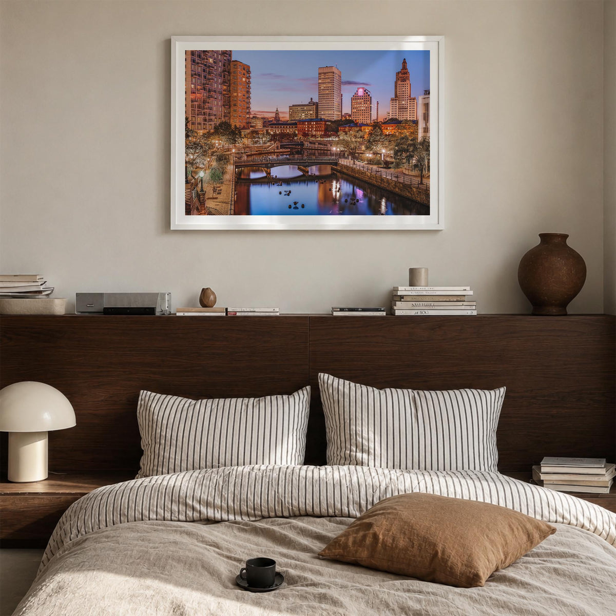 Rhode Island colorful photo poster of United States – horizontal wall art in white wood frame with white border, hanging on w