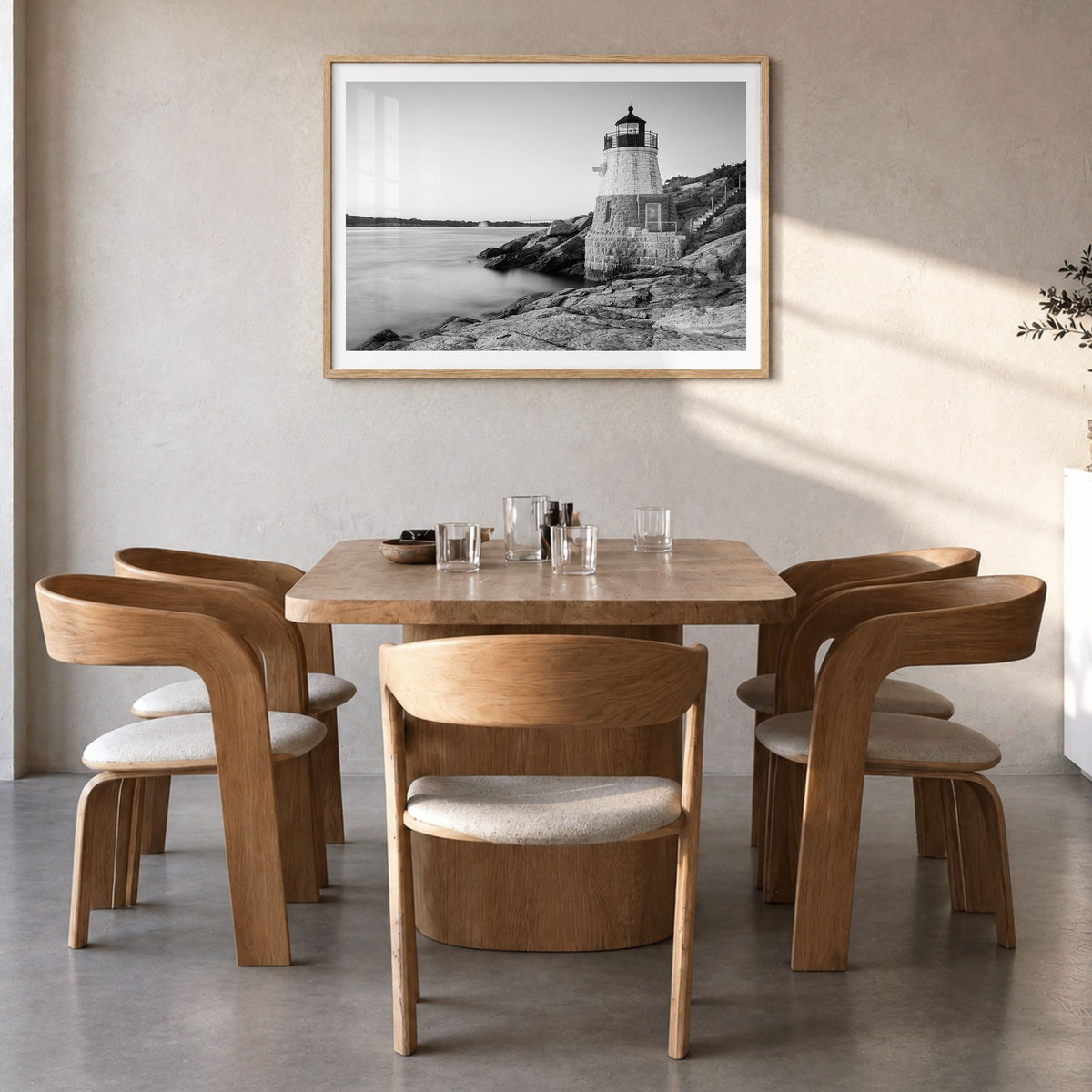 Rhode Island Photo Poster in a natural wood frame, hanging in a dining room, white border