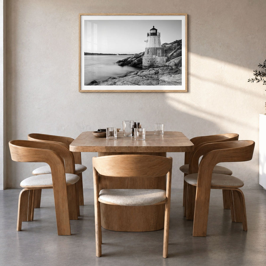 Rhode Island Photo Poster in a natural wood frame, hanging in a dining room, white border