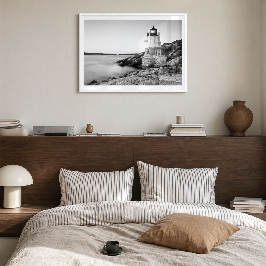 Rhode Island Photo Poster in a white wood frame, hanging in a bedroom, white border