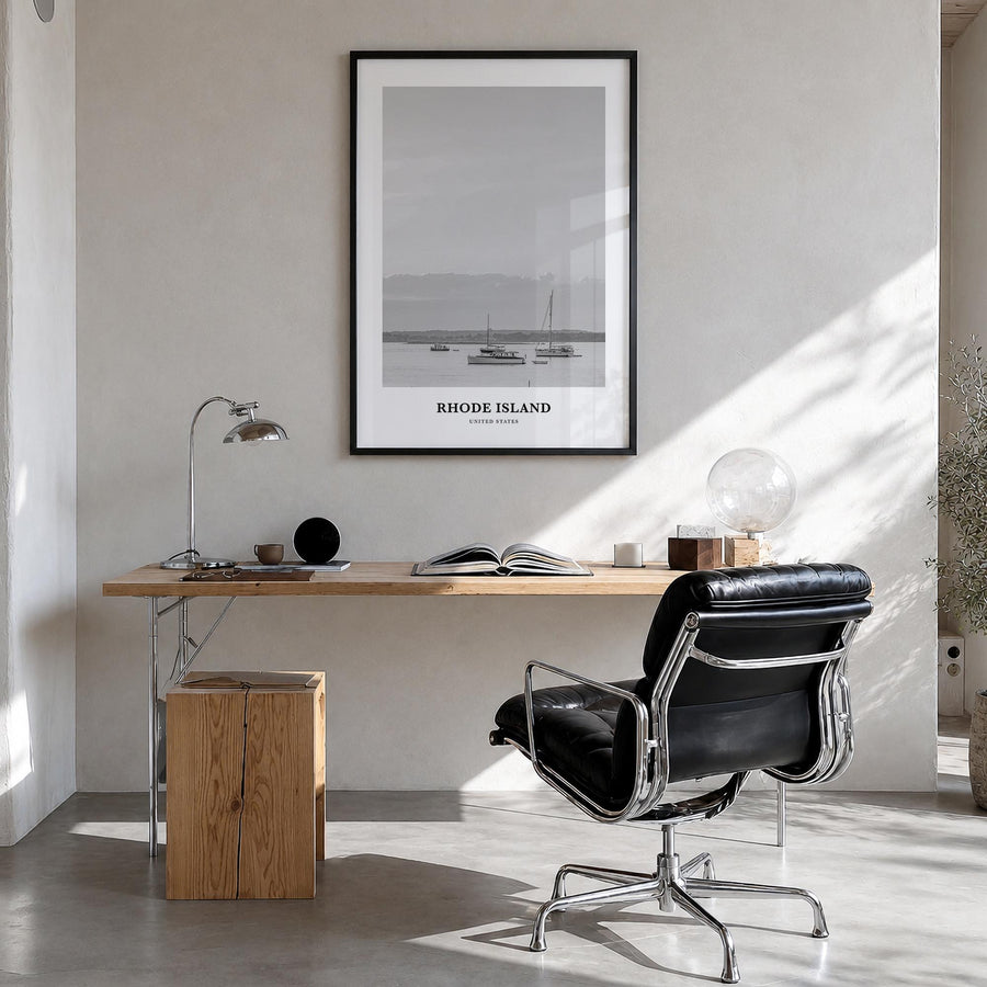 Rhode Island no. 1 black & white classic poster of United States – vertical wall art in black wood frame, hanging on wall