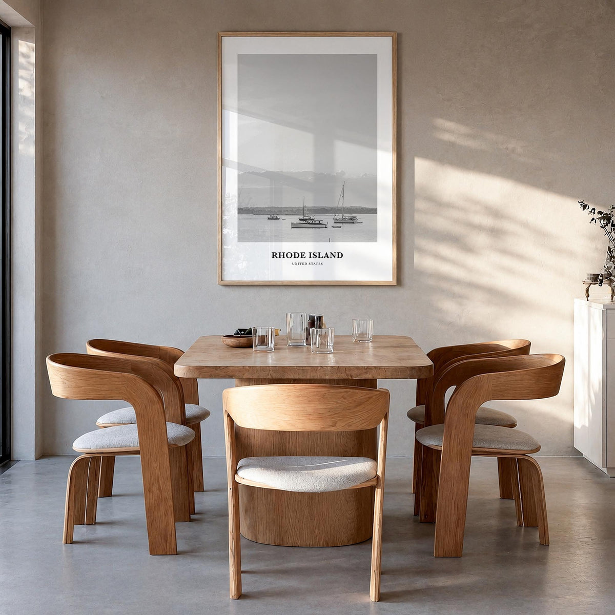 Rhode Island no. 1 black & white classic poster of United States – vertical wall art in natural wood frame, hanging on wall