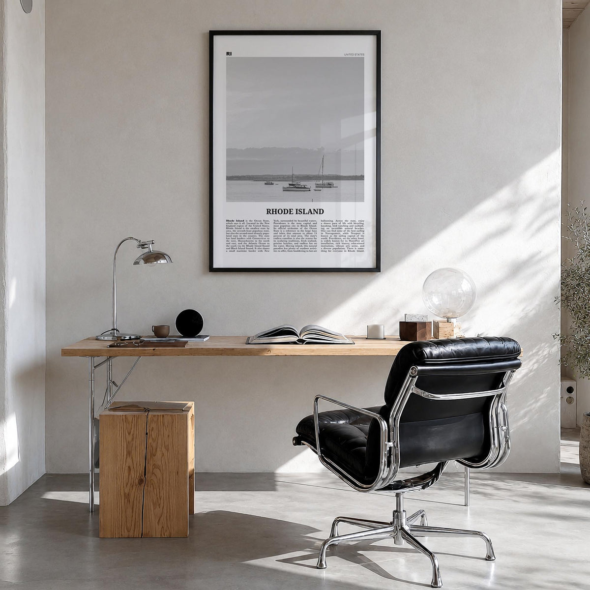 Rhode Island no. 1 black & white newspaper poster of United States – vertical wall art in black wood frame, hanging on wall