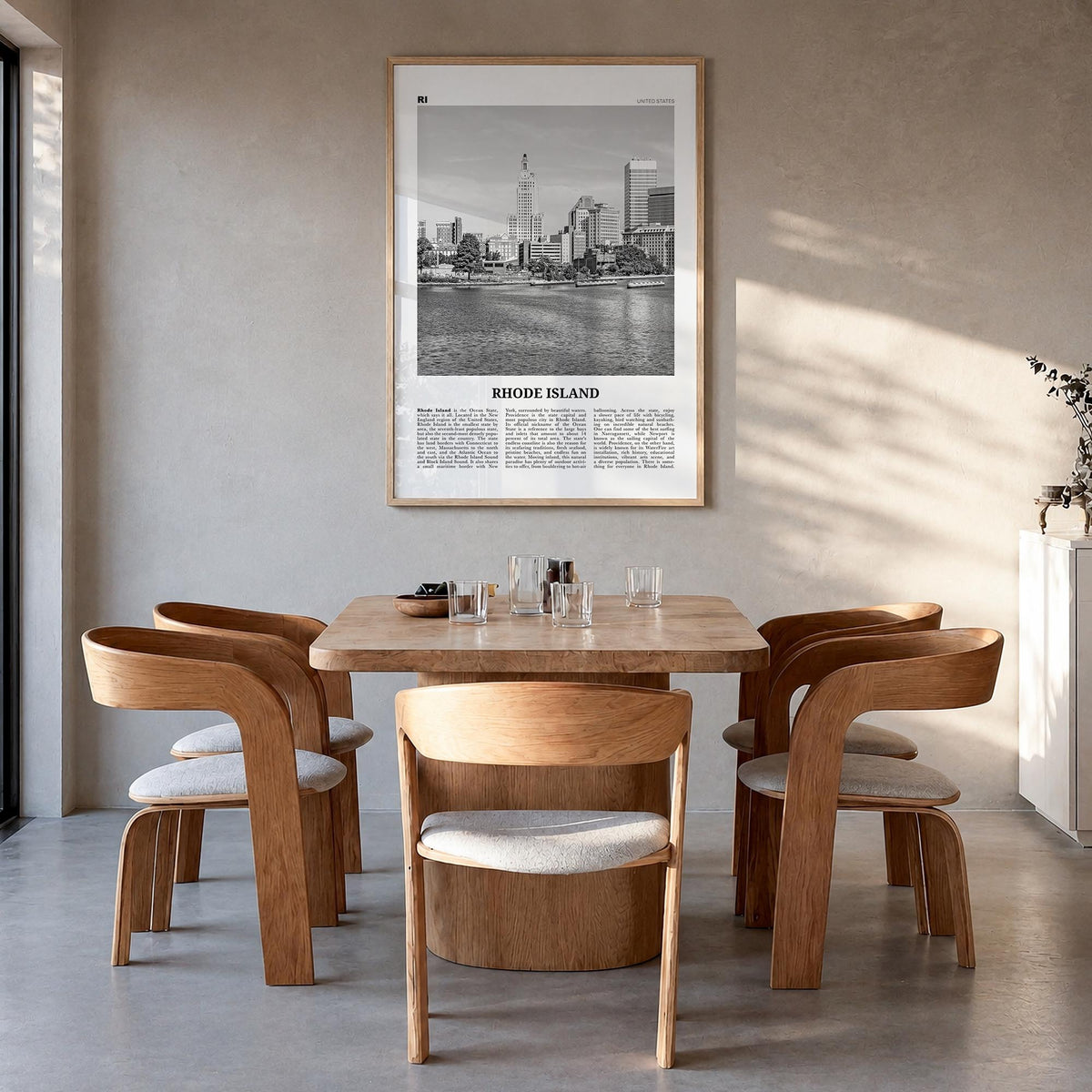 Rhode Island no. 2 black & white newspaper poster of United States – vertical wall art in natural wood frame, hanging on wall