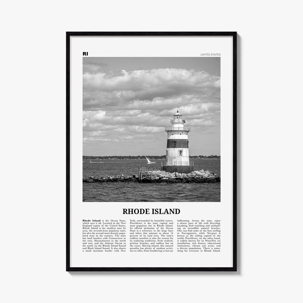 Rhode Island no. 3 black & white newspaper poster of United States – vertical wall art, unframed print shown in interior mock