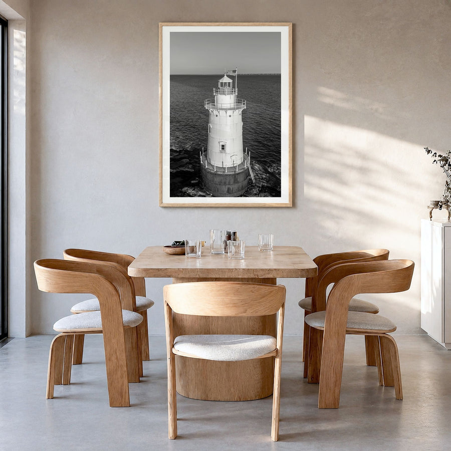 Rhode Island Photo No 1 Poster in a natural wood frame, hanging in a dining room, white border