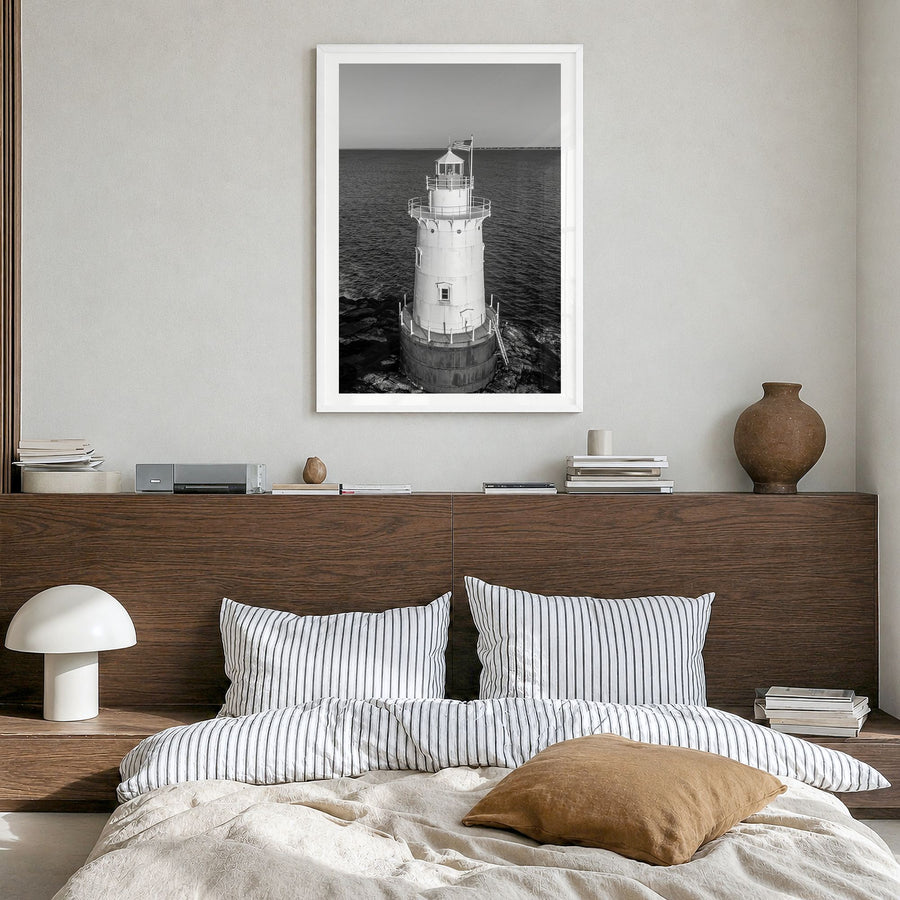 Rhode Island Photo No 1 Poster in a white wood frame, hanging in a bedroom, white border