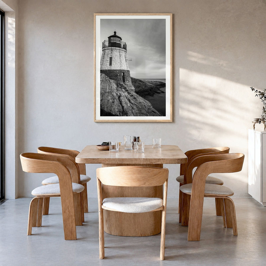 Rhode Island Photo No 2 Poster in a natural wood frame, hanging in a dining room, white border