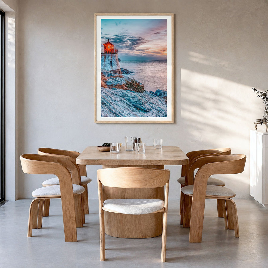 Rhode Island Photo No 1 Poster in a natural wood frame, hanging in a dining room, white border