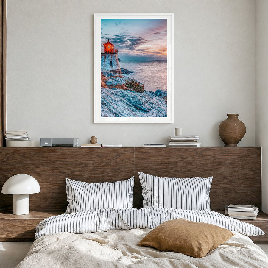 Rhode Island Photo No 1 Poster in a white wood frame, hanging in a bedroom, white border