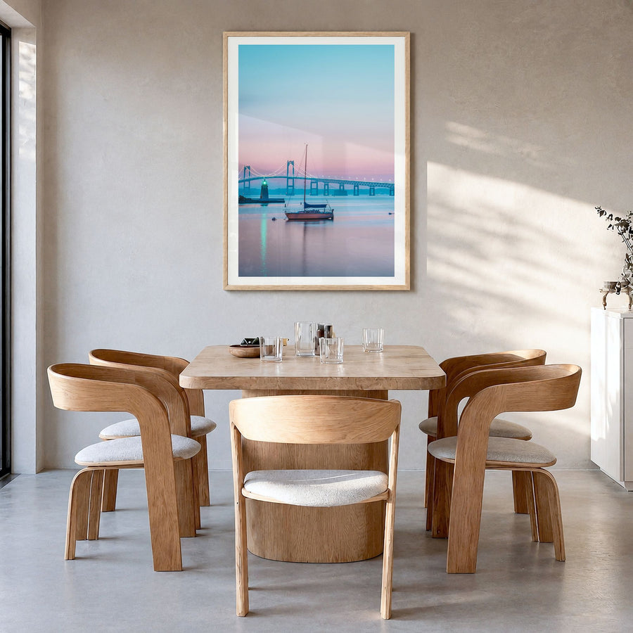 Rhode Island Photo No 2 Poster in a natural wood frame, hanging in a dining room, white border