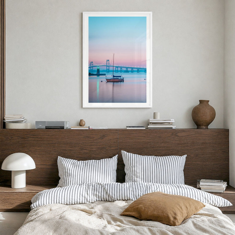 Rhode Island Photo No 2 Poster in a white wood frame, hanging in a bedroom, white border