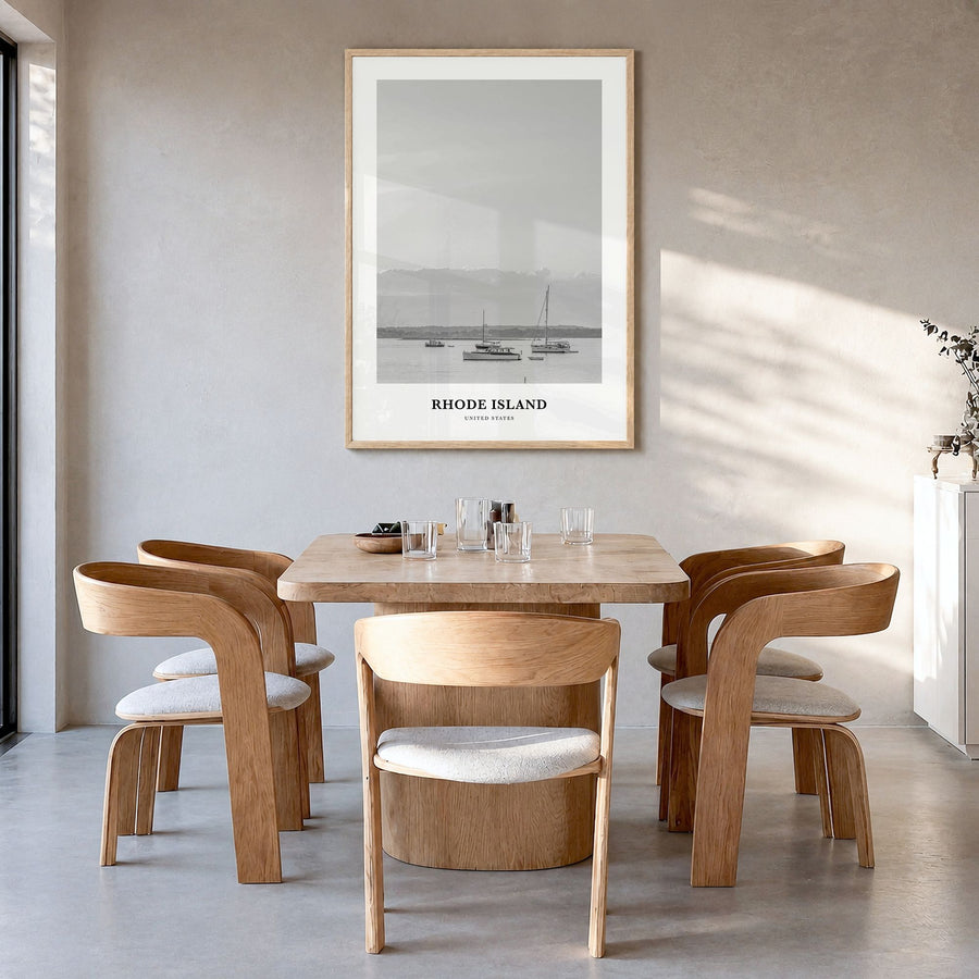 Rhode Island Classic No 1 Poster in a natural wood frame, hanging in a dining room