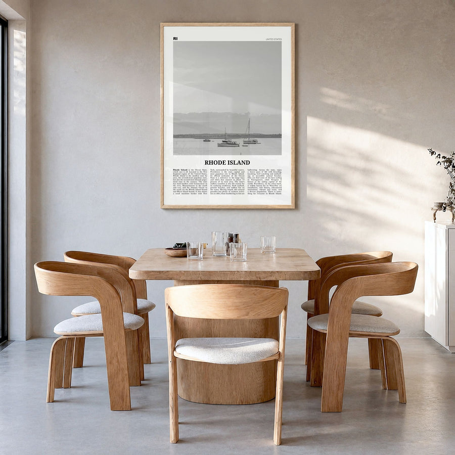 Rhode Island Newspaper No 1 Poster in a natural wood frame, hanging in a dining room