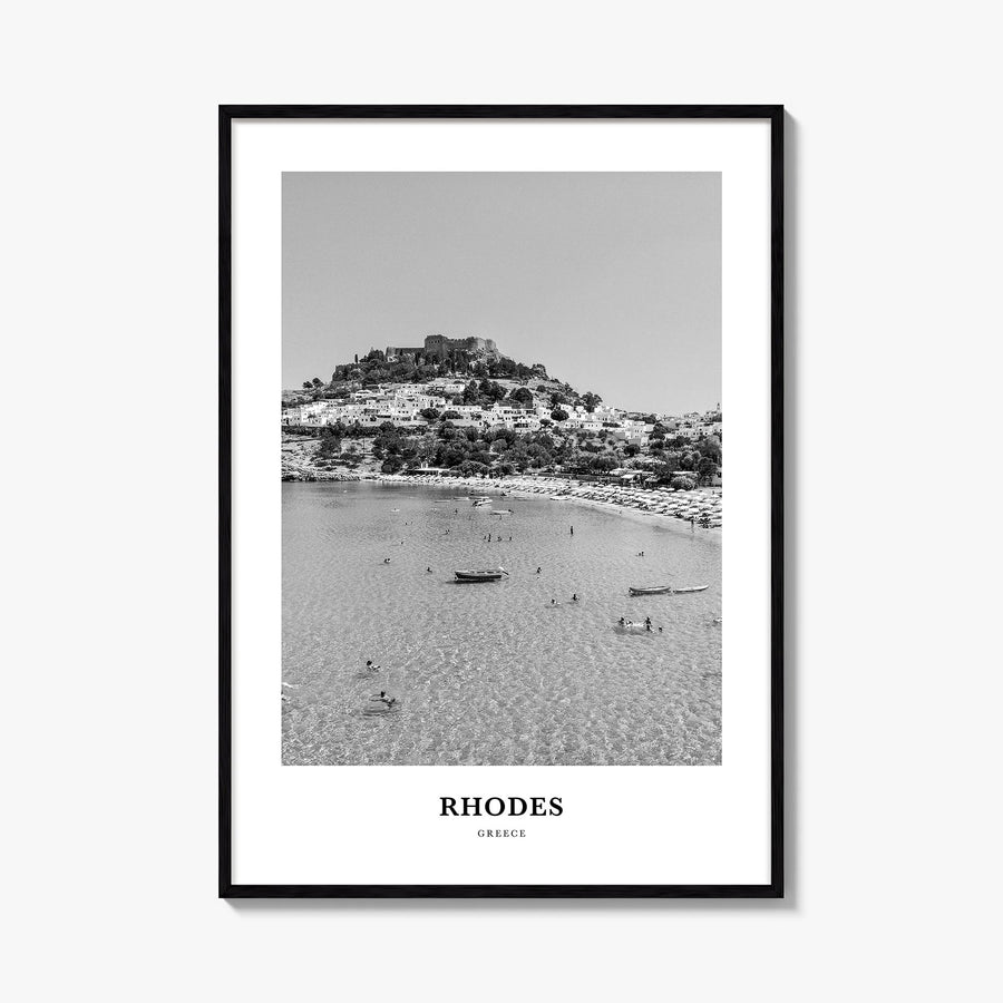 Rhodes black & white classic poster of Greece – vertical wall art, unframed print shown in interior mockup