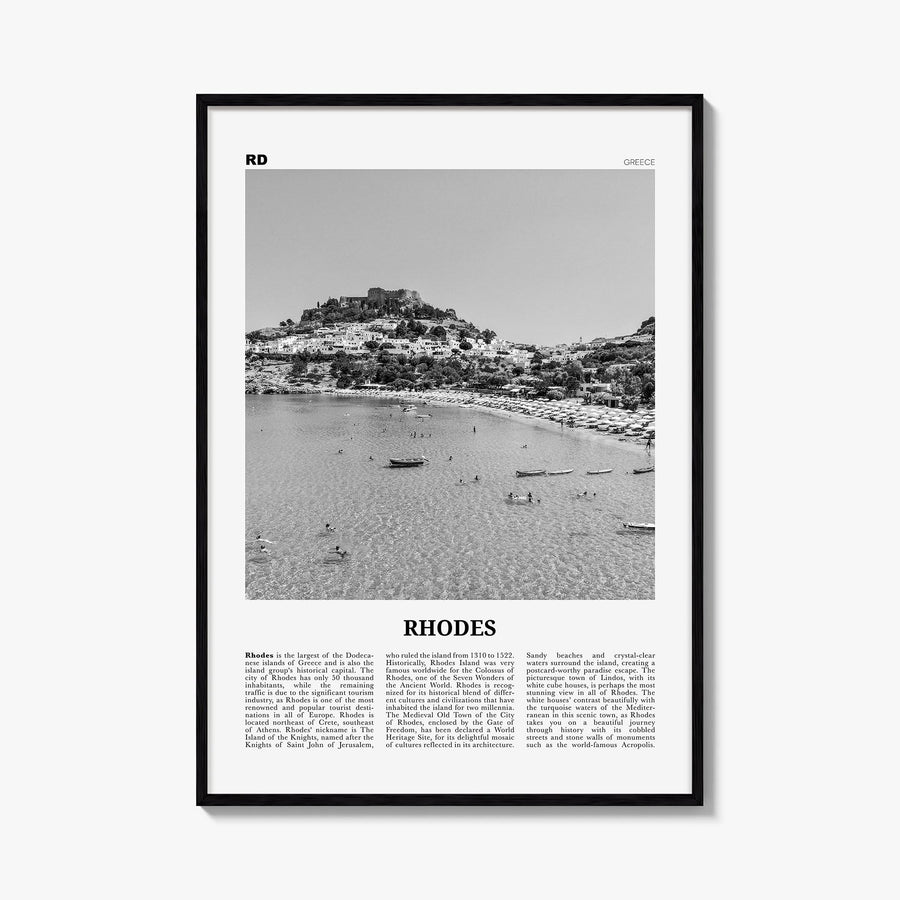 Rhodes black & white newspaper poster of Greece – vertical wall art, unframed print shown in interior mockup