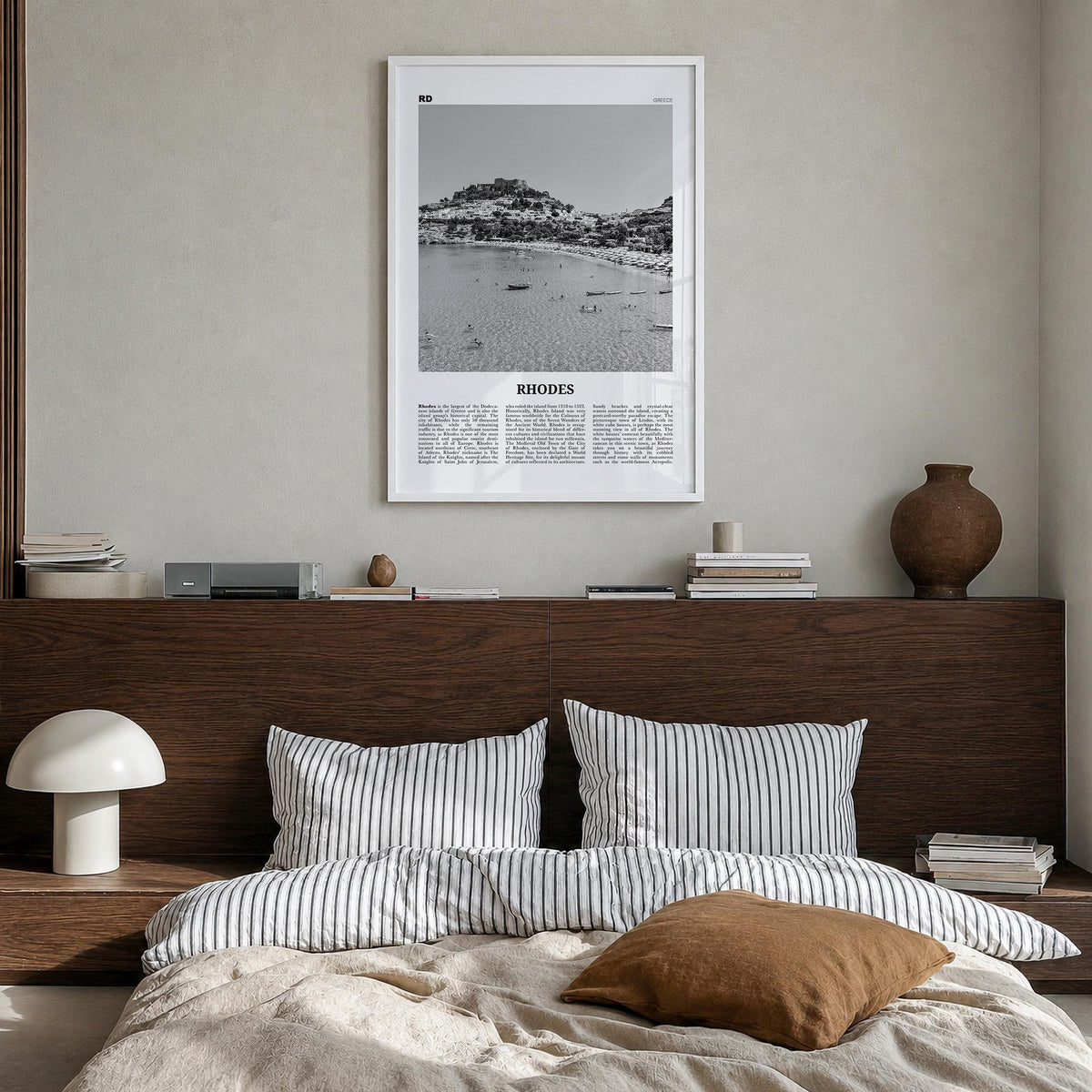 Rhodes black & white newspaper poster of Greece – vertical wall art in white wood frame, hanging on wall