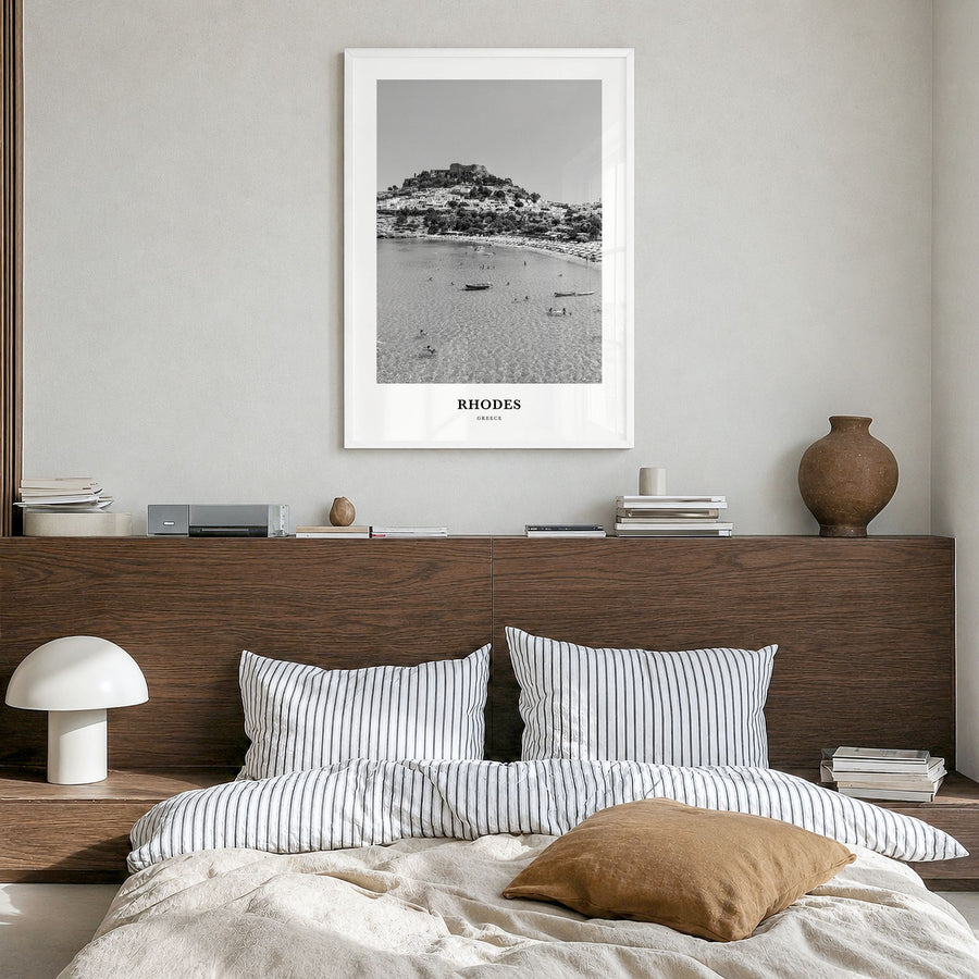 Rhodes Classic Poster in a white wood frame, hanging in a bedroom