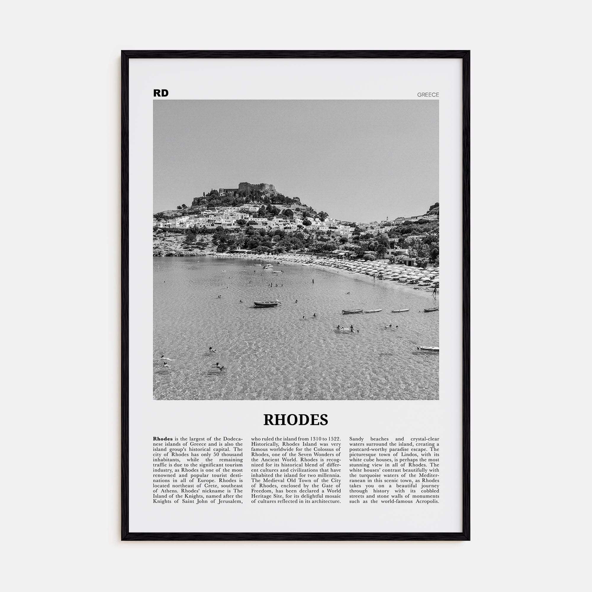 Rhodes Poster Black Wood / 8x12 in Nbourhood Travel B&W Poster