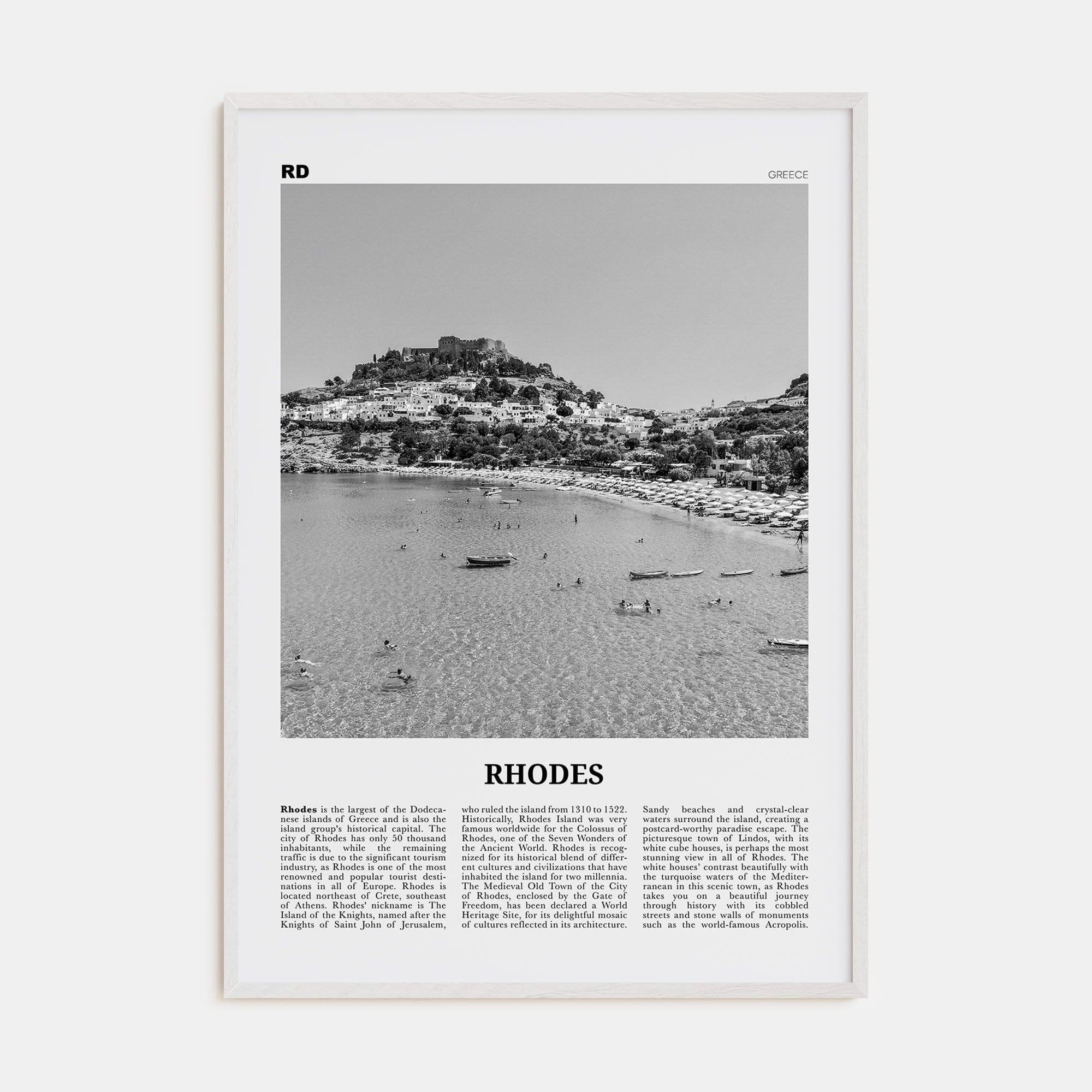 Rhodes Poster White Wood / 8x12 in Nbourhood Travel B&W Poster
