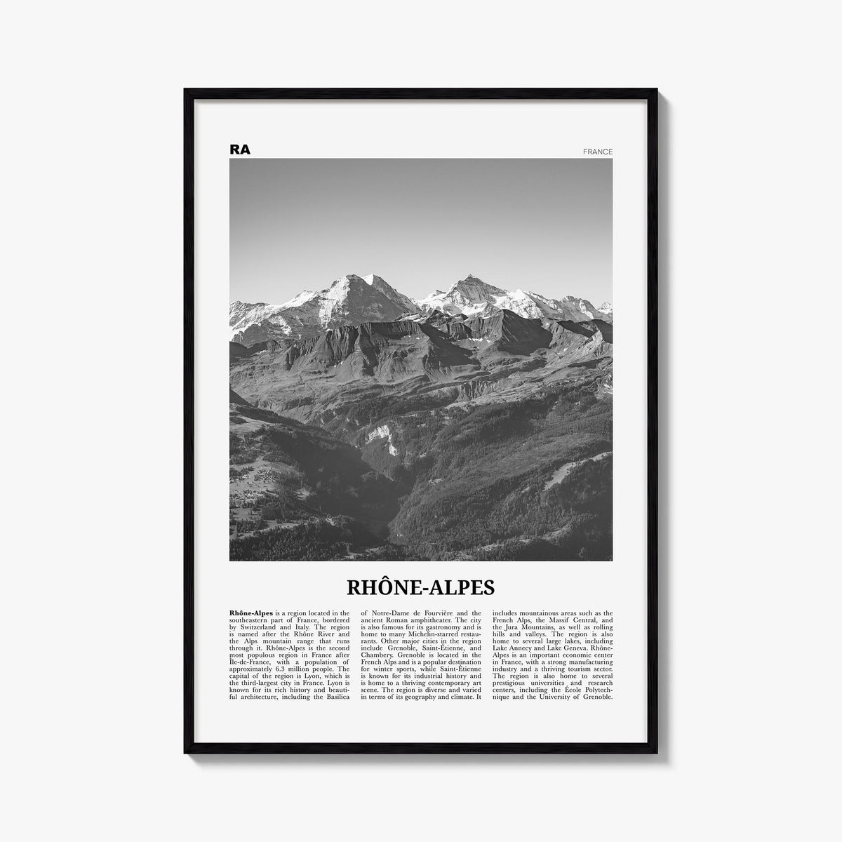 Rhône-Alpes black & white newspaper poster of France – vertical wall art, unframed print shown in interior mockup