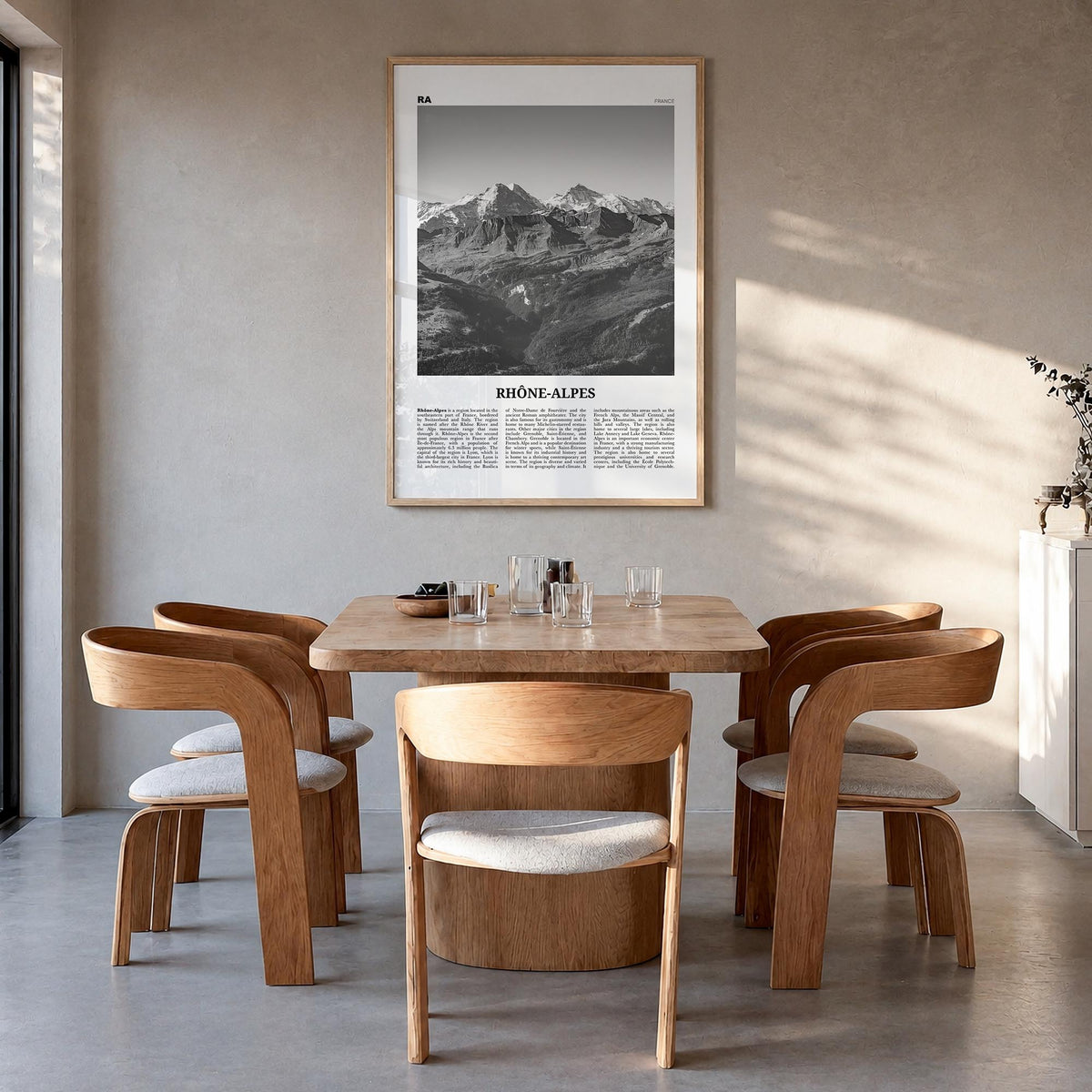 Rhône-Alpes black & white newspaper poster of France – vertical wall art in natural wood frame, hanging on wall