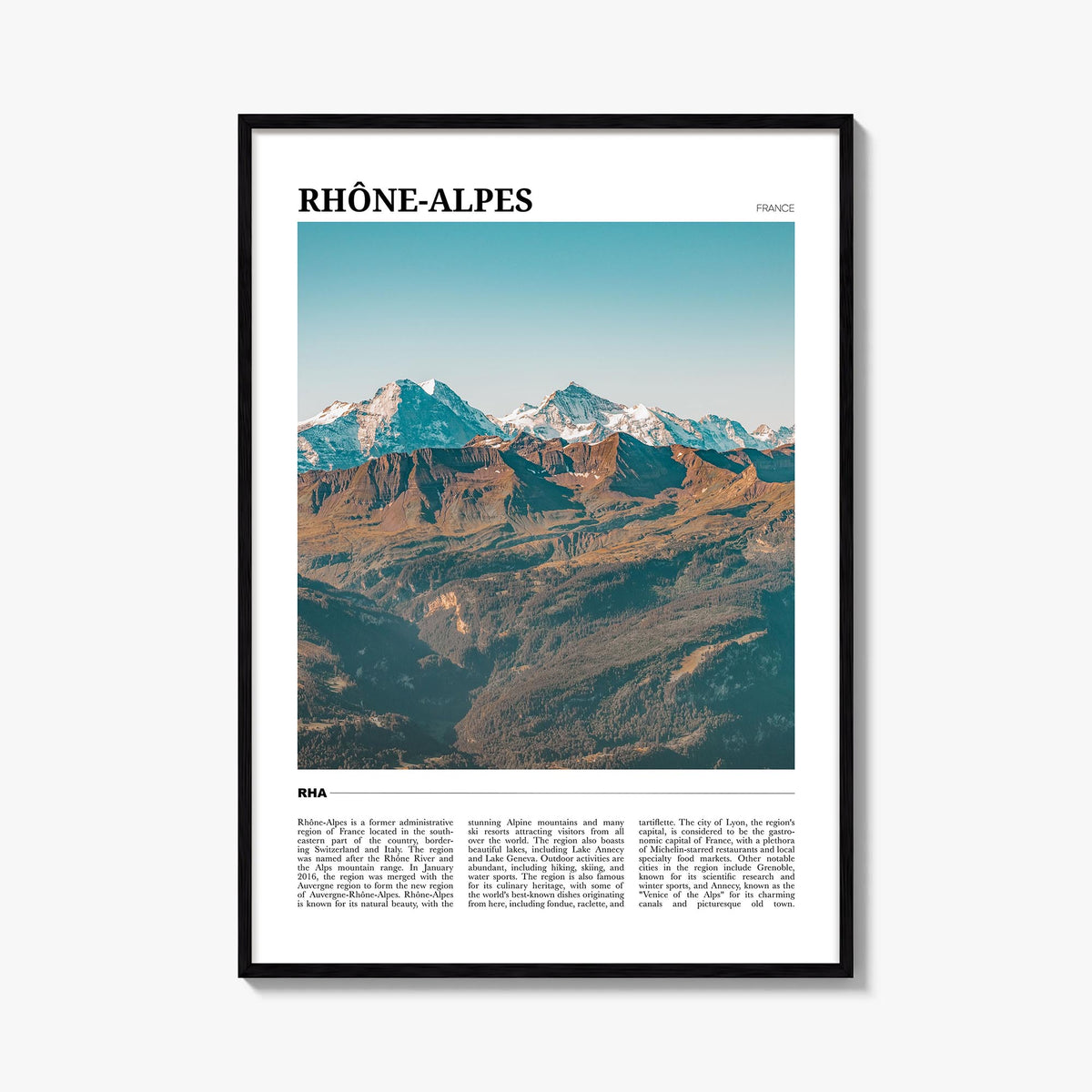 Rhône-Alpes colorful travel poster of France – vertical wall art, unframed print shown in interior mockup