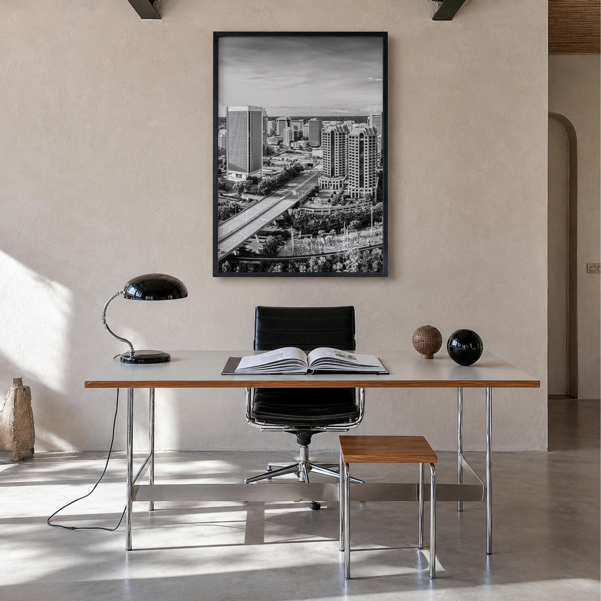 Richmond black & white photo poster of Virginia, USA – vertical wall art in black wood frame, hanging on wall