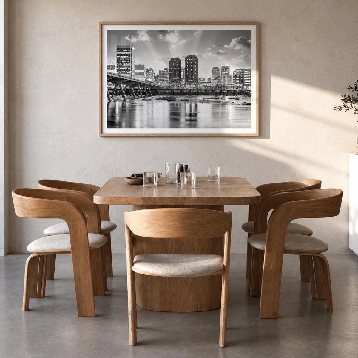 Richmond black & white photo poster of Virginia, USA – horizontal wall art in natural wood frame with white border, hanging o