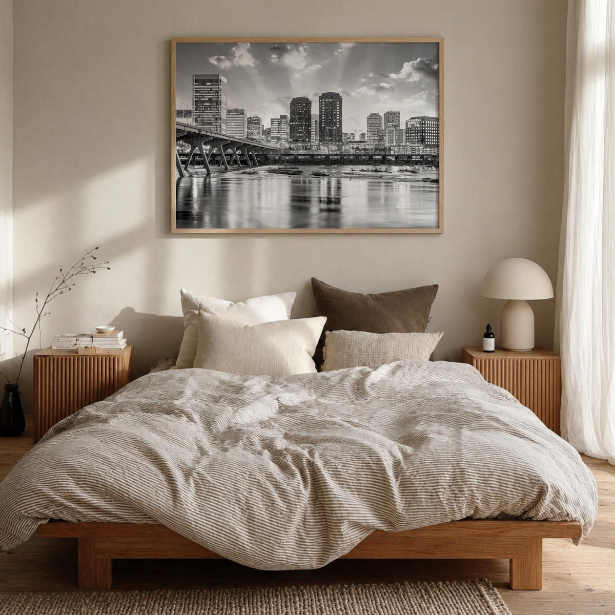 Richmond black & white photo poster of Virginia, USA – horizontal wall art in natural wood frame, hanging on wall