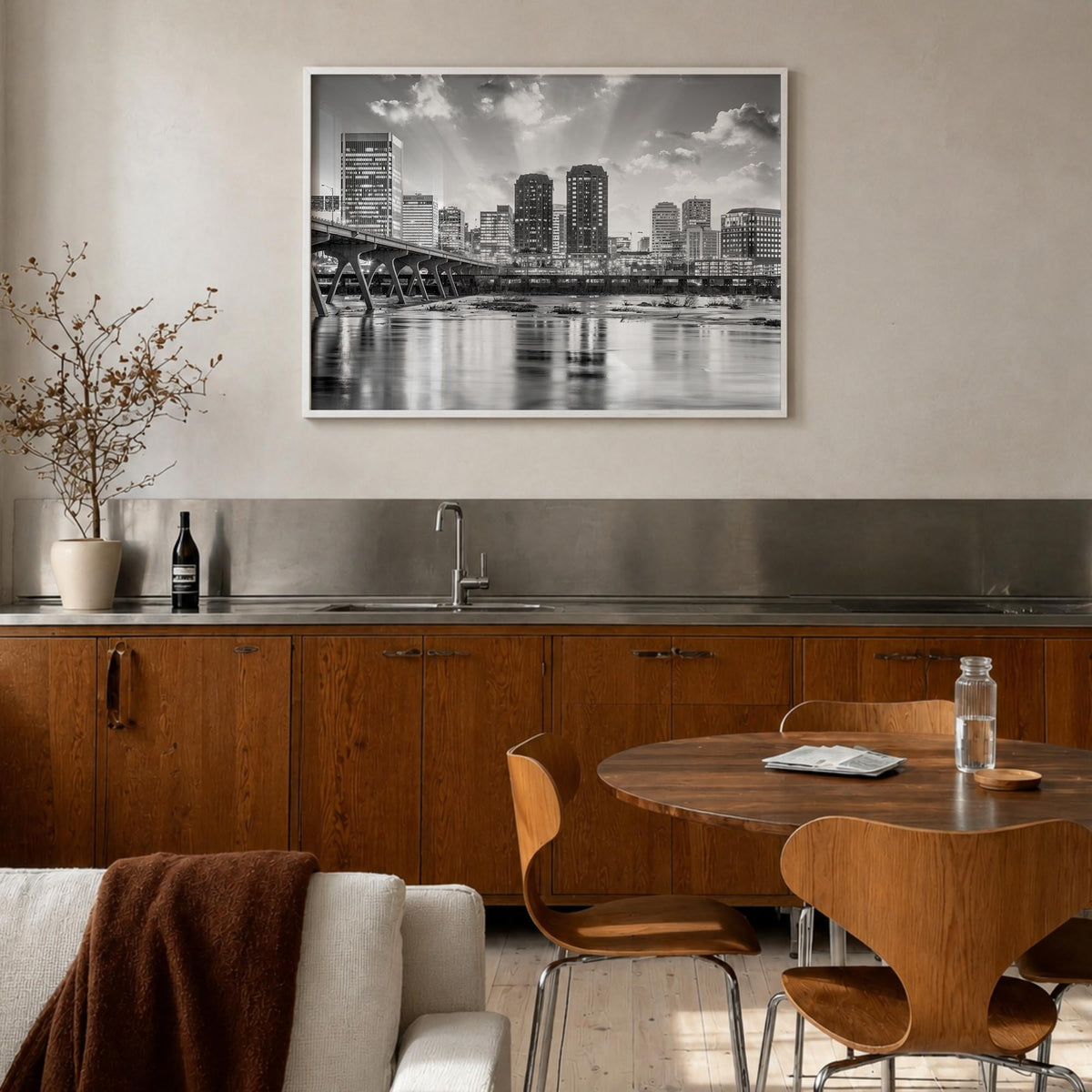 Richmond black & white photo poster of Virginia, USA – horizontal wall art in white wood frame, hanging on wall