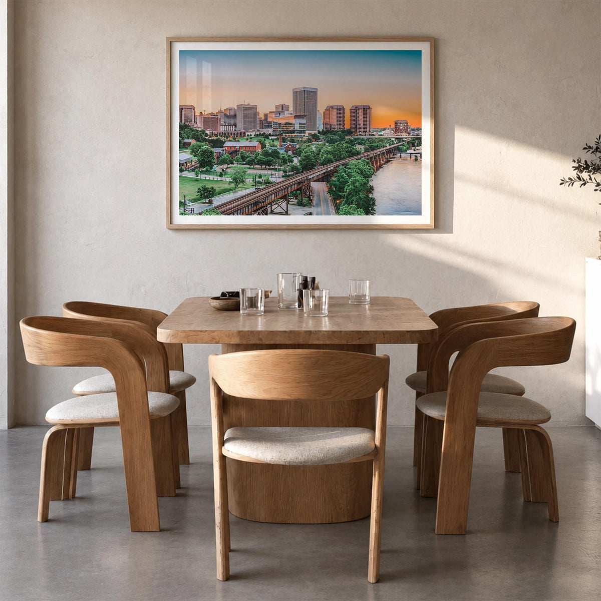 Richmond colorful photo poster of Virginia, USA – horizontal wall art in natural wood frame with white border, hanging on wal
