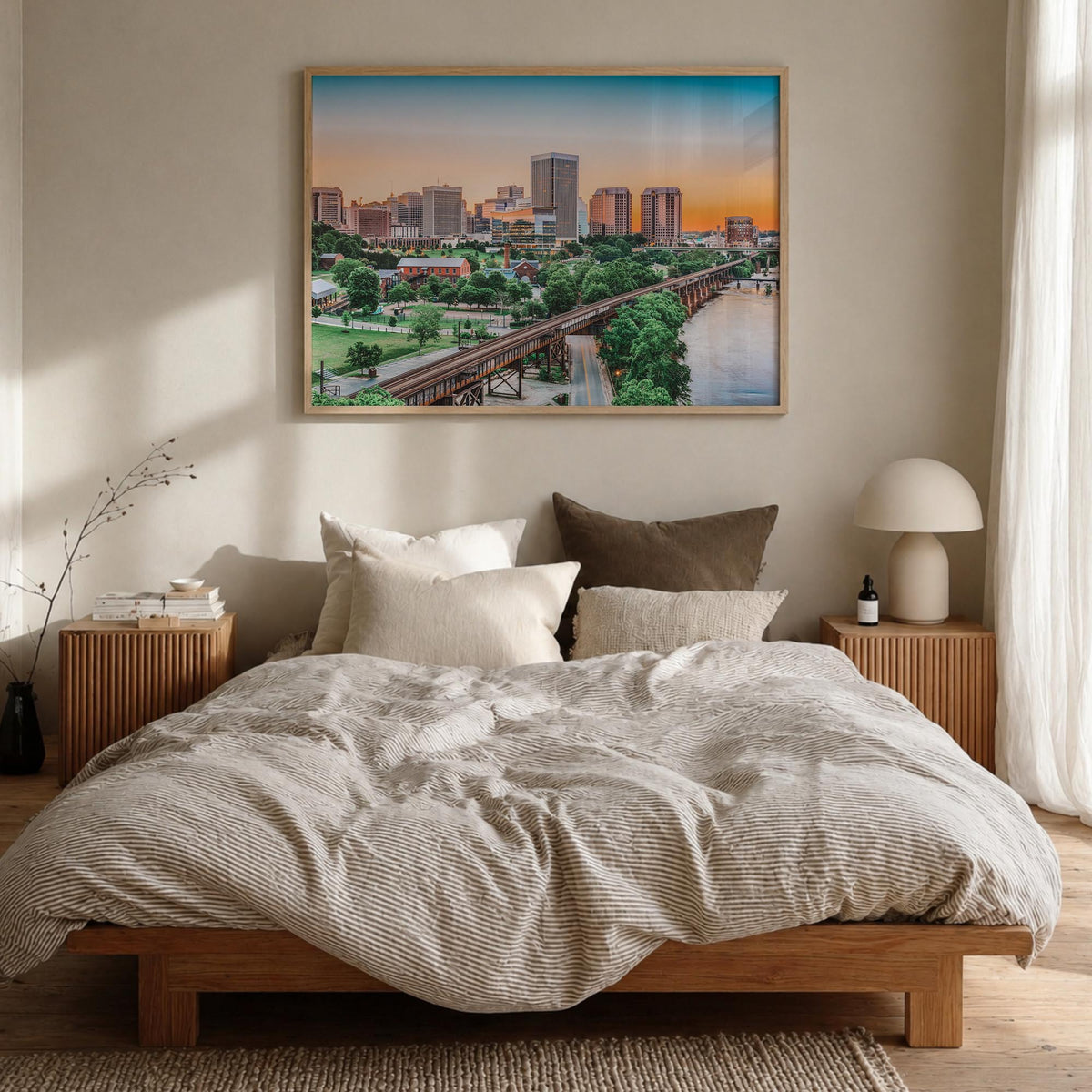 Richmond colorful photo poster of Virginia, USA – horizontal wall art in natural wood frame, hanging on wall