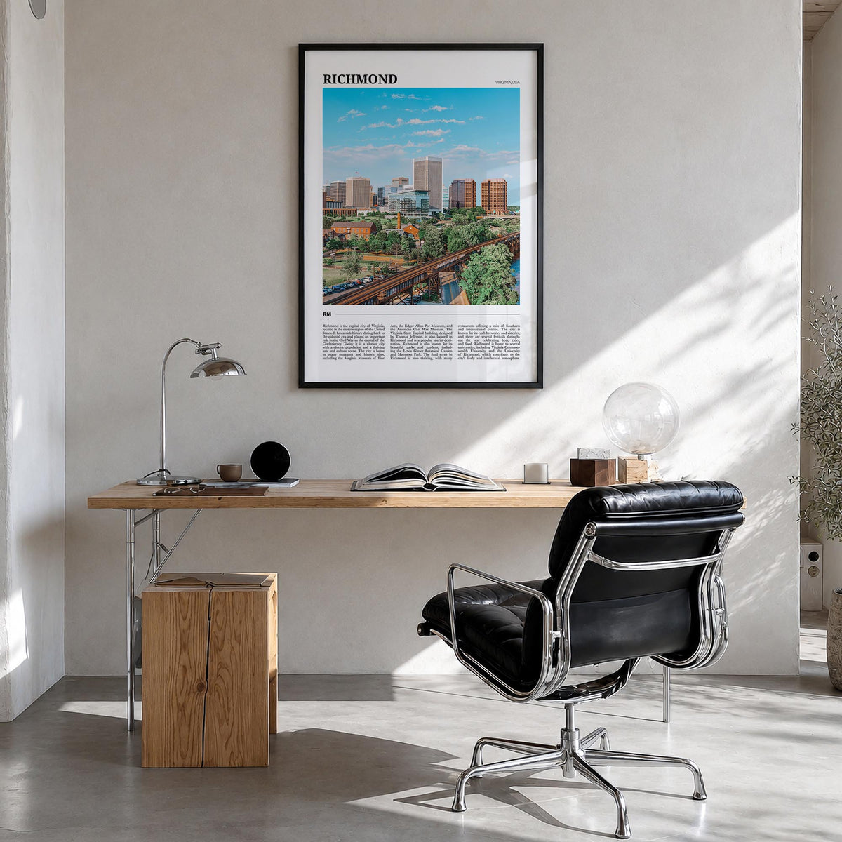 Richmond colorful travel poster of Virginia, USA – vertical wall art in black wood frame, hanging on wall
