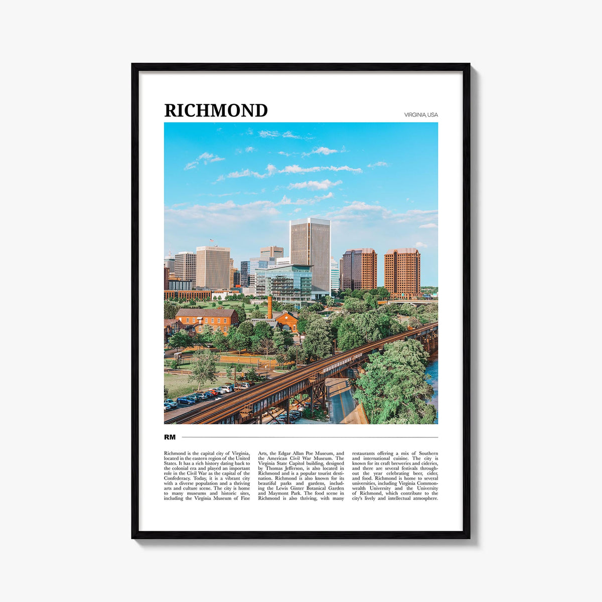 Richmond colorful travel poster of Virginia, USA – vertical wall art, unframed print shown in interior mockup