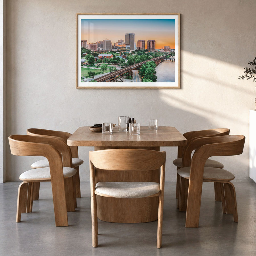 Richmond Photo Poster in a natural wood frame, hanging in a dining room, white border