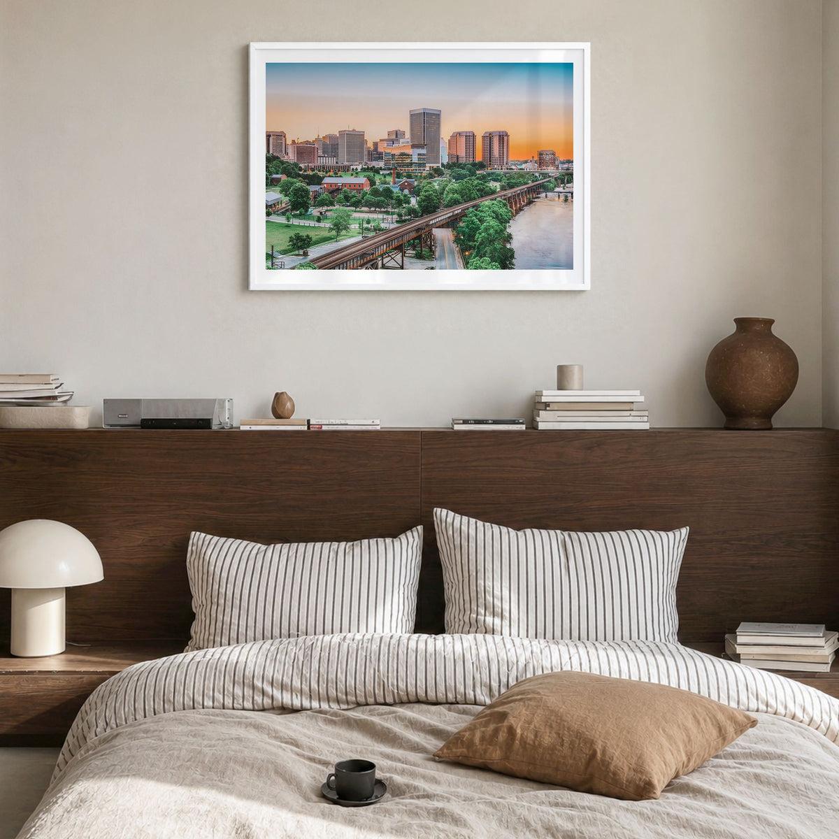 Richmond Photo Poster in a white wood frame, hanging in a bedroom, white border