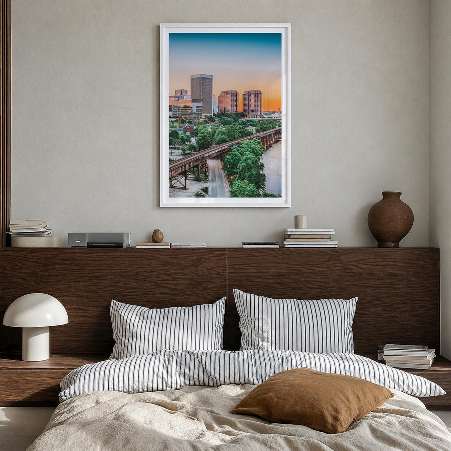 Richmond no. 1 colorful photo poster of Virginia, USA – vertical wall art in white wood frame with white border, hanging on w