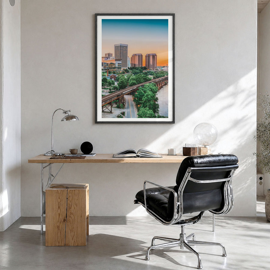 Richmond Photo No 1 Poster in a black wood frame, hanging in a bright home office, white border