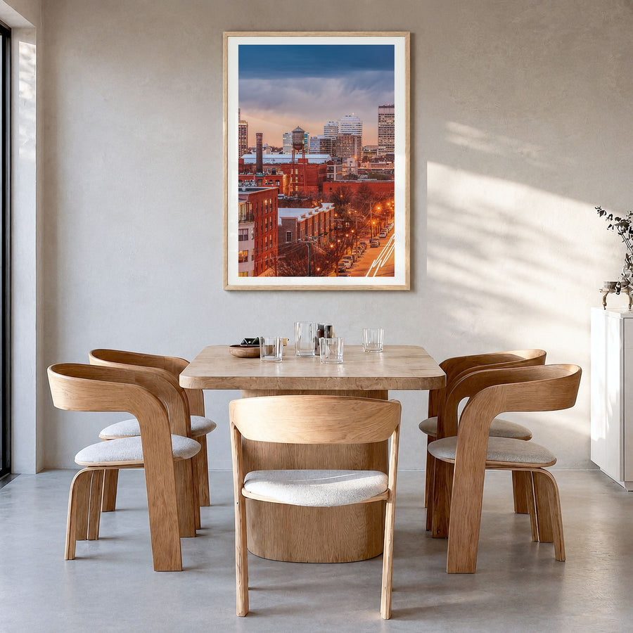Richmond Photo No 2 Poster in a natural wood frame, hanging in a dining room, white border