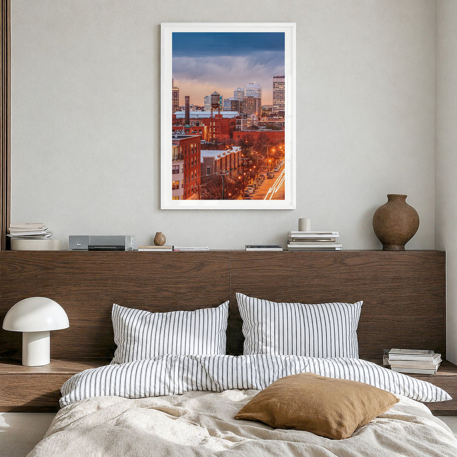 Richmond Photo No 2 Poster in a white wood frame, hanging in a bedroom, white border