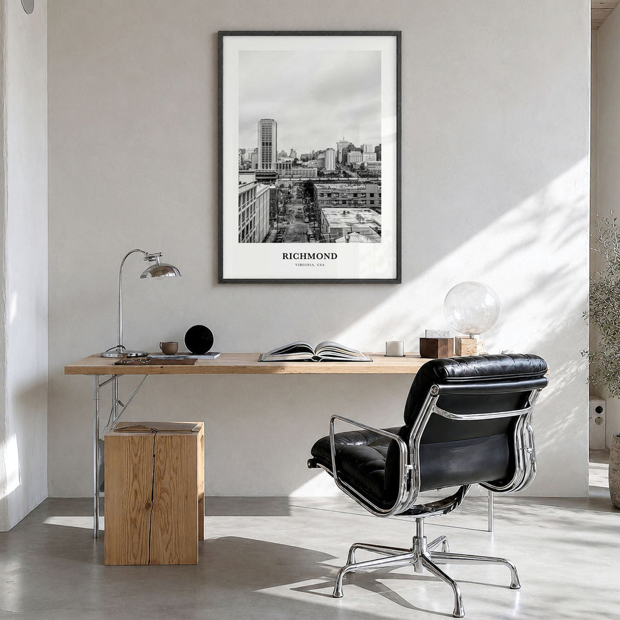Richmond Classic No 1 Poster in a black wood frame, hanging in a bright home office