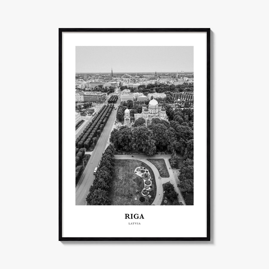 Riga black & white classic poster of Latvia – vertical wall art, unframed print shown in interior mockup